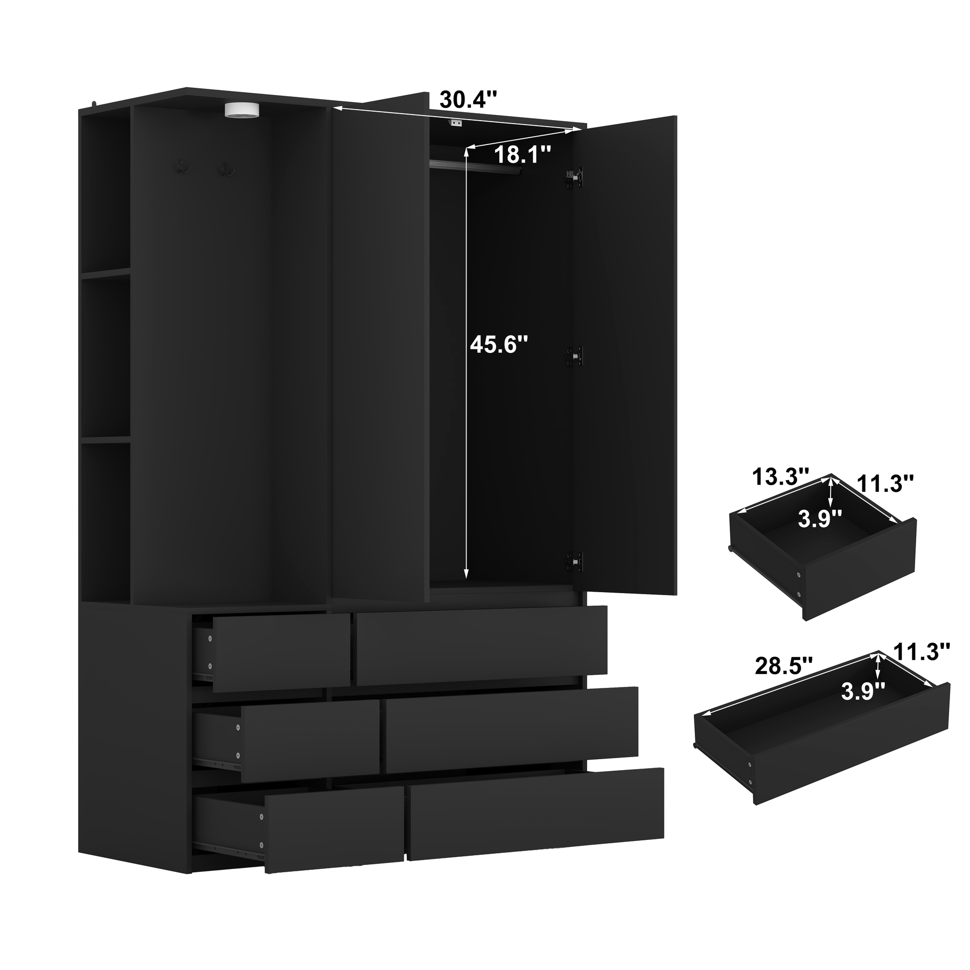 Wardrobe Closet 71.7" H, Bedroom Wooden Wardrobe with 2 Doors 6 Drawers, Modern Clothing Storage Cabinet Combination with Storage Shelves and Hanging Rail, Black image 2