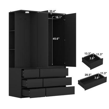 Wardrobe Closet 71.7" H, Bedroom Wooden Wardrobe with 2 Doors 6 Drawers, Modern Clothing Storage Cabinet Combination with Storage Shelves and Hanging Rail, Black image 2