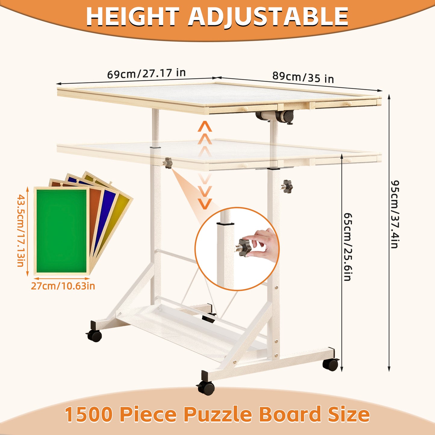 (WHITE) Wooden 1500 Piece Puzzle Table with Drawer, 35"*27.17" Adjustable Puzzle Table, 360° Tilting Puzzle Table with Legs and Wheels, Adjustable Height and Angle, with Protective Cover image 2