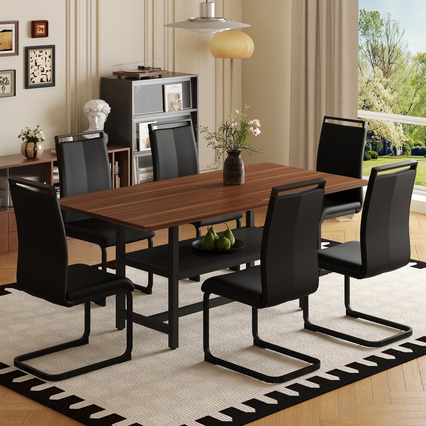 Table and chair set.71 inch long fashionable walnut grain dining table, a practical choice to add color to the home.Paired with 6 Black PU Chairs With C-tube Black Metal Chair Legs. image 1