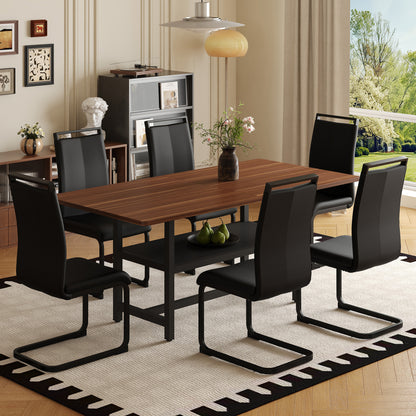 Table and chair set.71 inch long fashionable walnut grain dining table, a practical choice to add color to the home.Paired with 6 Black PU Chairs With C-tube Black Metal Chair Legs. image 1