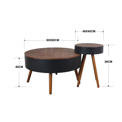 31.5" Round Carved Coffee Table with Storage Space, Mid-Century Modern Wooden Tea Table for Living Room, Apartment, Office,Brown+ Black. image 12