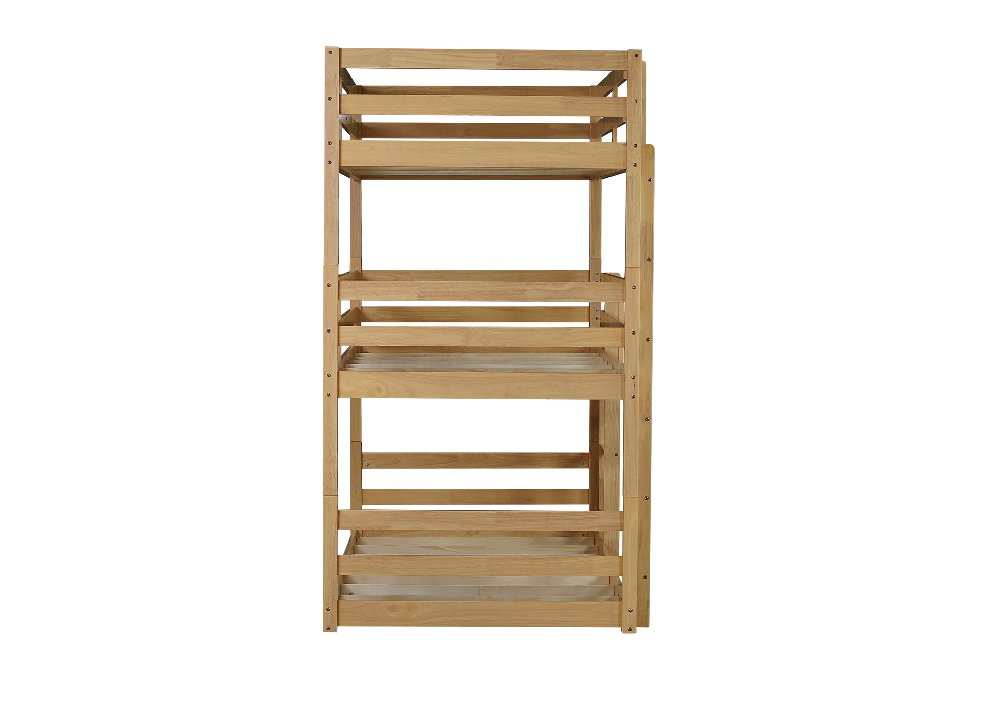 Triple Rubber Wood Bunk Bed with Two Built-in Ladders, Guardrails, Twin over Twin over Twin, Detachable Triple Twin Bunk Bed,Natural image 8