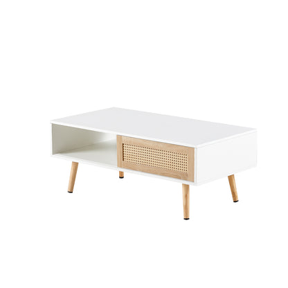 41.34" Rattan Coffee table, sliding door for storage, solid wood legs, Modern table for living room,White image 8