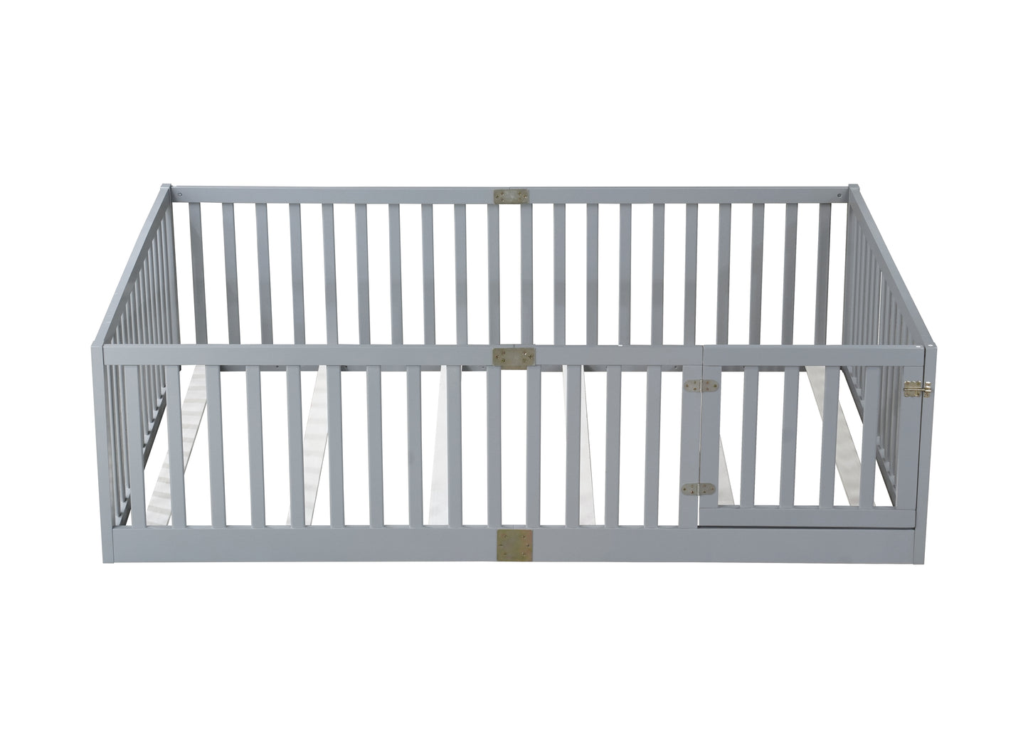 Full Size Floor Bed with High Fence Railings, with Door,6 Slats Included, Rubber Wood Floor Bed with Safety Guardrails,Grey image 9