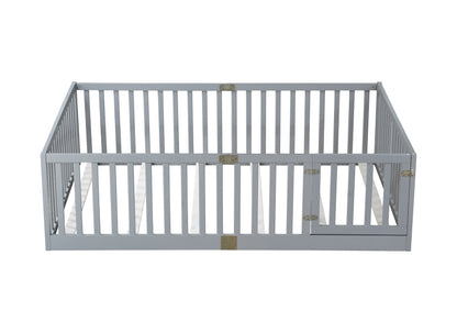 Full Size Floor Bed with High Fence Railings, with Door,6 Slats Included, Rubber Wood Floor Bed with Safety Guardrails,Grey image 9