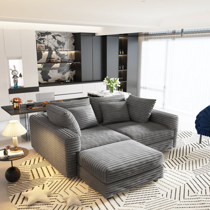 102.4 "Plush Corduroy 4-Seat Sofa,Modern Comfy Upholstered Sofa Cloud Couch,Deep Seat Couches with Soft Pillows and 2 Ottomans,Convertible Sofa Lounge Chair,Grey(Old SKU:W1885S00279) image 9