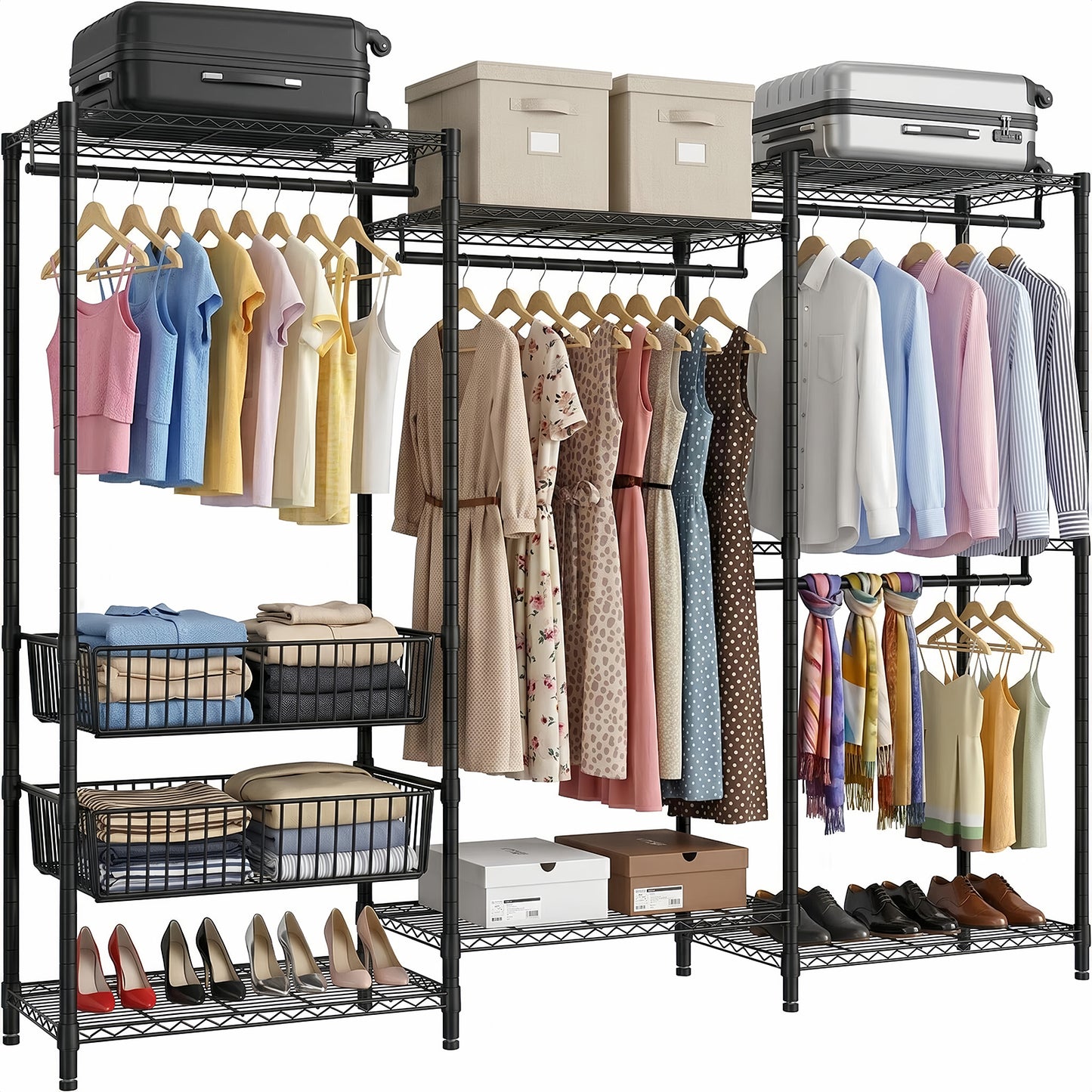 Heavy Duty Clothes Rack, Freestanding Garment Rack with 4 Hanging Rods & 2 Wire Baskets, Large Size Clothing Rack with Adjustable Wire Shelves, 68.5" W x 17.1" D x 76.4" H, Black image 1