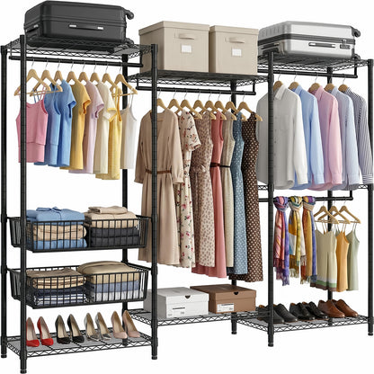 Heavy Duty Clothes Rack, Freestanding Garment Rack with 4 Hanging Rods & 2 Wire Baskets, Large Size Clothing Rack with Adjustable Wire Shelves, 68.5" W x 17.1" D x 76.4" H, Black image 1