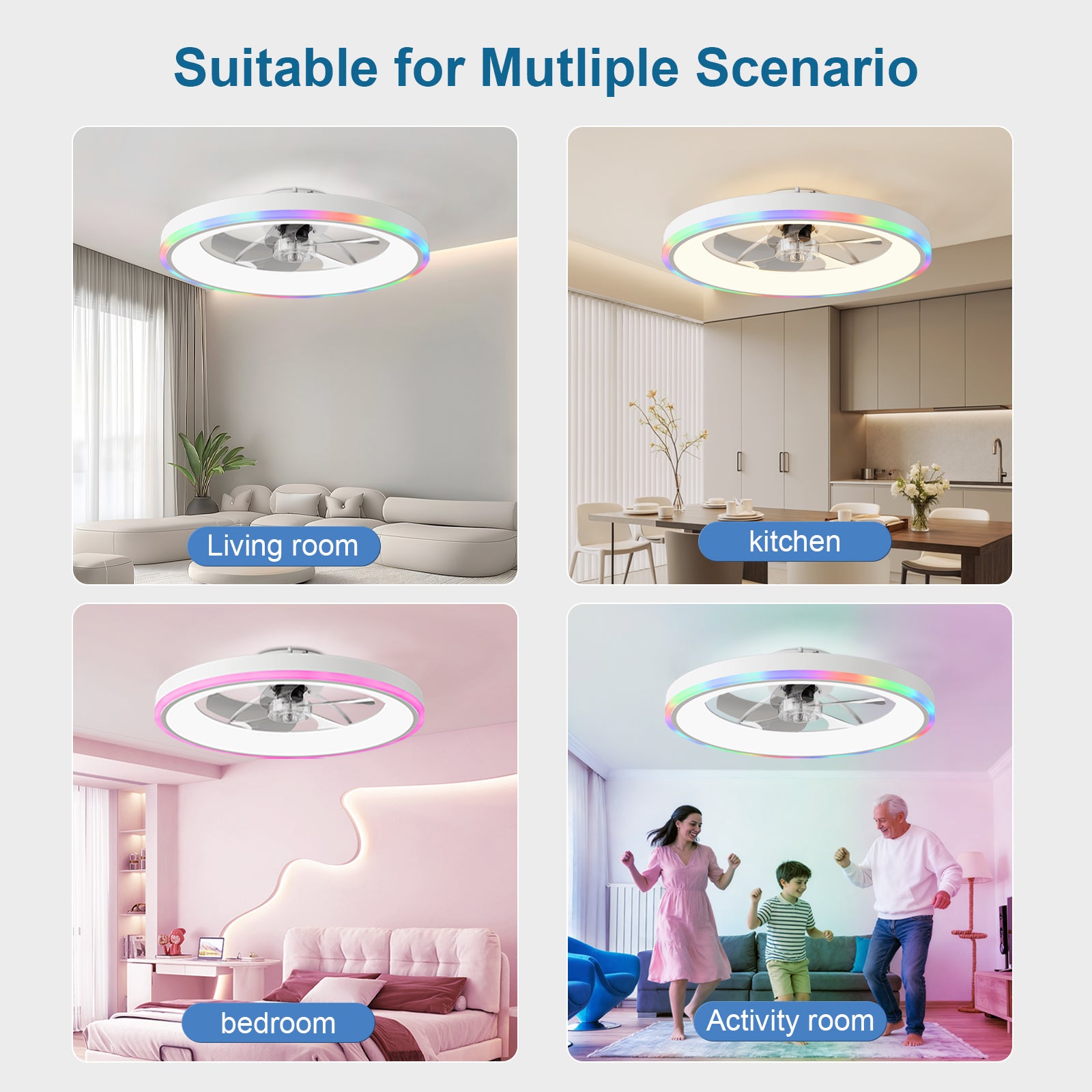 23.6" Modern RGB Ceiling Fan with Lights, Flush Mount Low Profile Fan with Remote & APP, 6-Speed Reversible Silent DC Motor, Dimmable 3000-6500K LED for Bedroom, White image 3