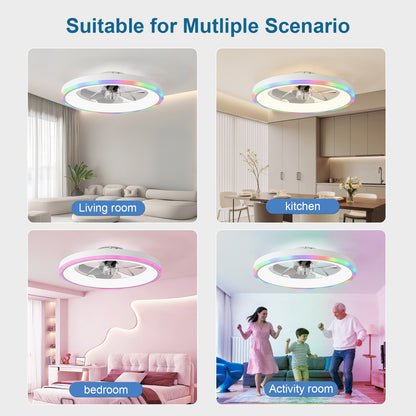 23.6" Modern RGB Ceiling Fan with Lights, Flush Mount Low Profile Fan with Remote & APP, 6-Speed Reversible Silent DC Motor, Dimmable 3000-6500K LED for Bedroom, White image 3