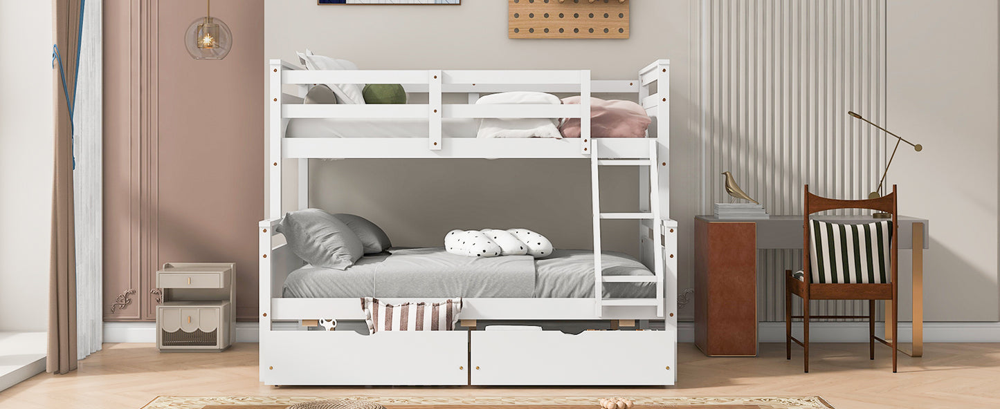 Twin over Full Bunk Bed with Ladder, Two Storage Drawers, Safety Guardrail, White image 8