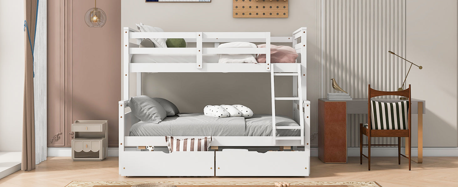 Twin over Full Bunk Bed with Ladder, Two Storage Drawers, Safety Guardrail, White image 8