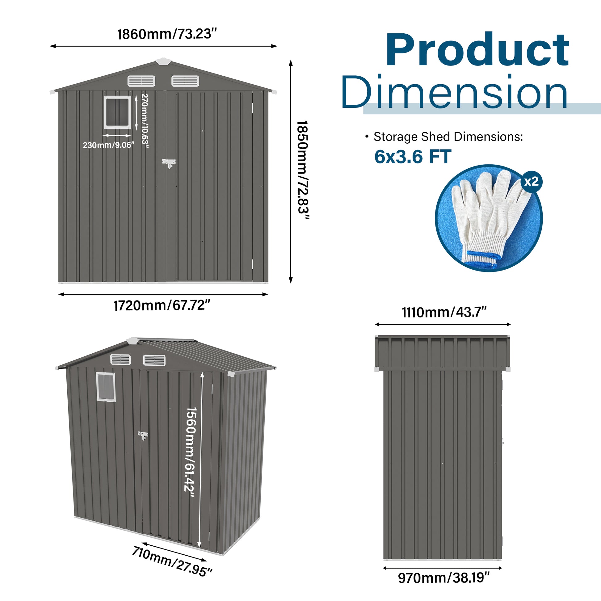 6X 3.6FT Metal Outdoor Storage Shed, Tool Shed with Peaked Roof Watertight with Clear Window and Lockable Door Compact Metal Tool Room for Garden, Backyard, Patio, Sundries and Bike Storage, Gray image 11