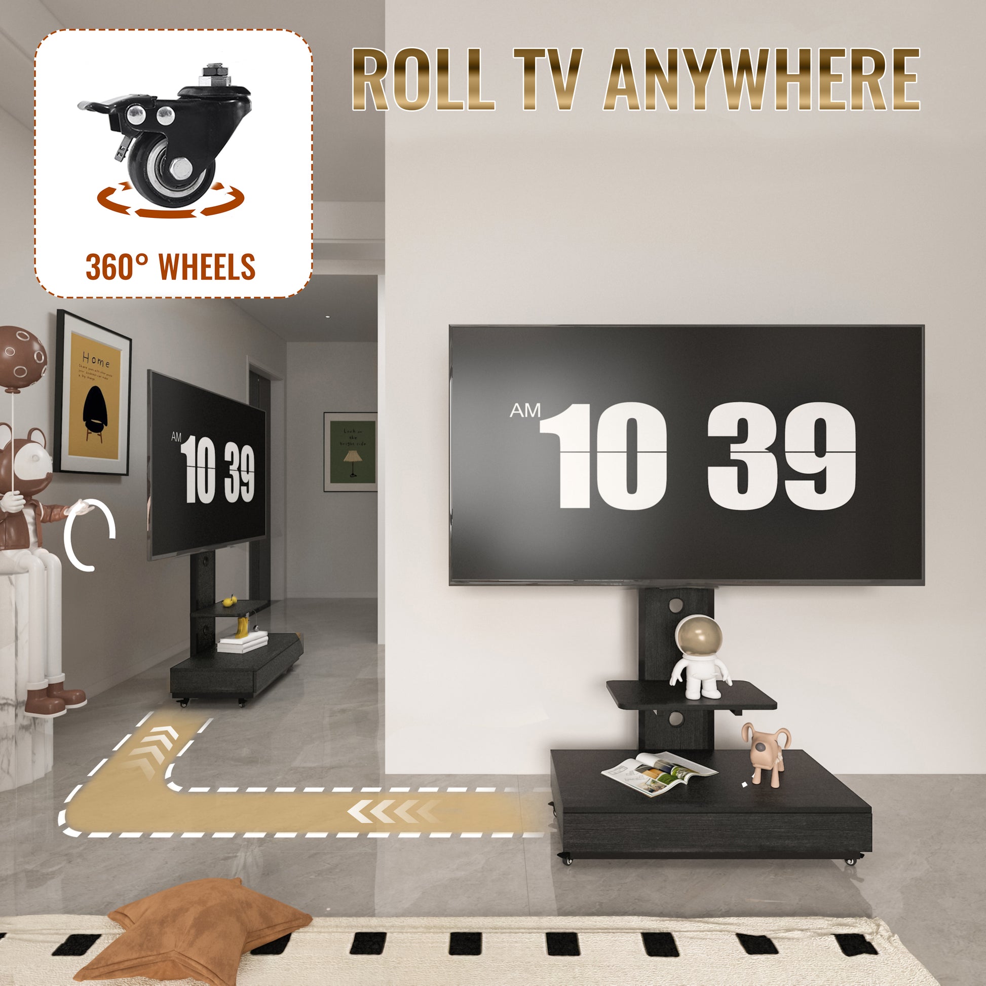 TV stand with push-pull drawer for Living Room, Bedroom,Offices,Mobile TV Cart for 32-75 inches,Floor Stand with Mount on Lockable Wheels,Black image 4