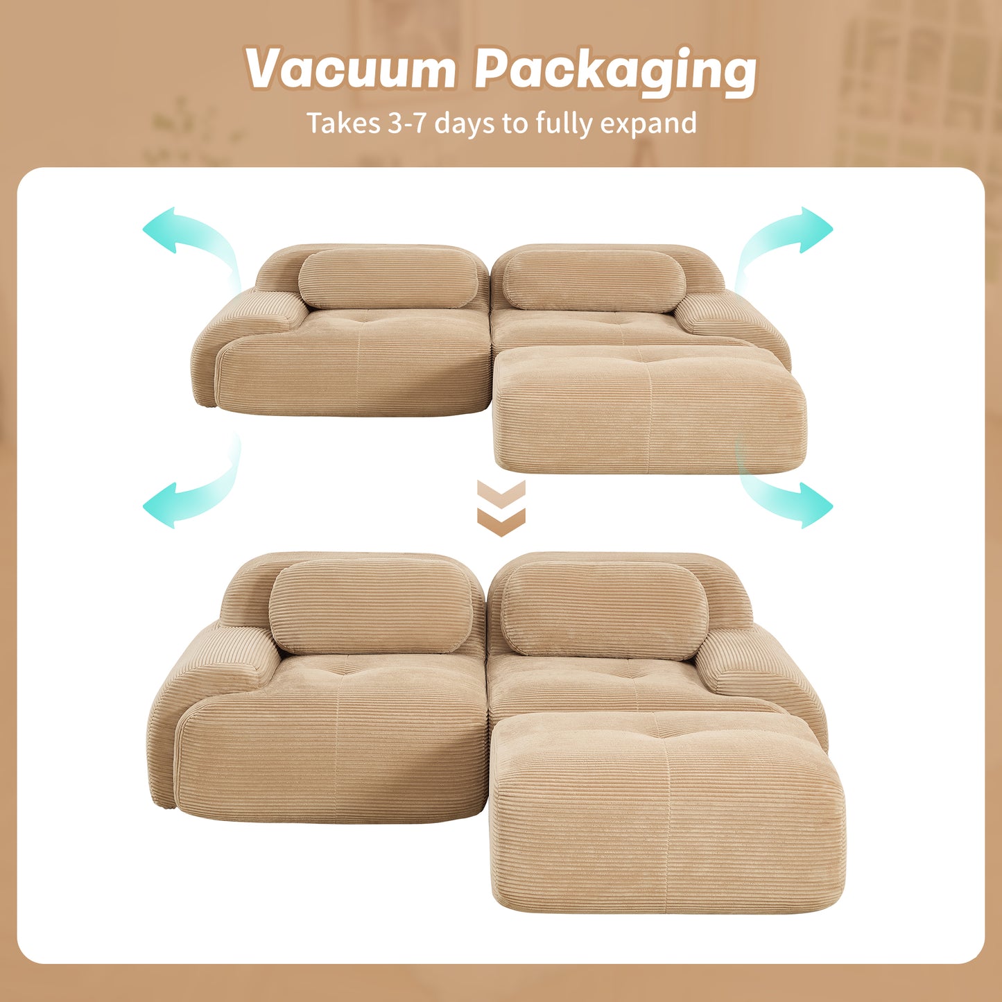 82'' L-shaped sofa in softCorduroy Fabric fabric modular design multiple combinations curved armrests no assembly required high-resilience sponge suitable for living rooms rest areas bedroom,Camel image 12