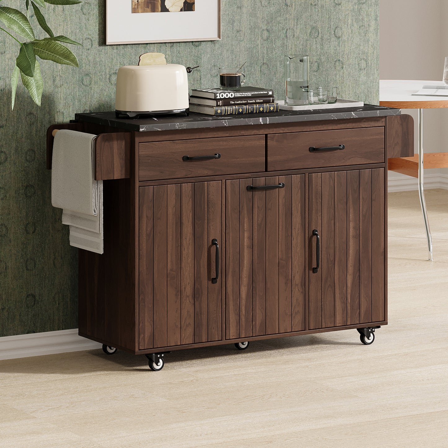 K&K Kitchen Island with Trash Can Storage Cabinet, Kitchen Cart with Drop Leaf, Spice Rack, Towel Rack and Drawer, Rolling Kitchen Island on Wheels with Adjustable Shelf, Walnut Brown image 7