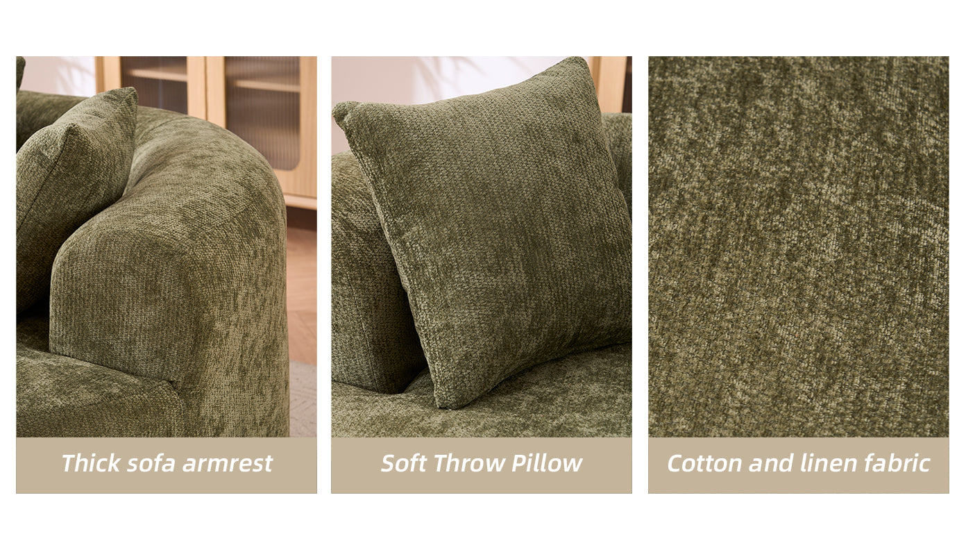 Crescent-shaped sofa, modern low-back design with deep cushions, self-inflating foam-filled large two-seater sofa requiring no assembly. (green chenille fabric) image 4