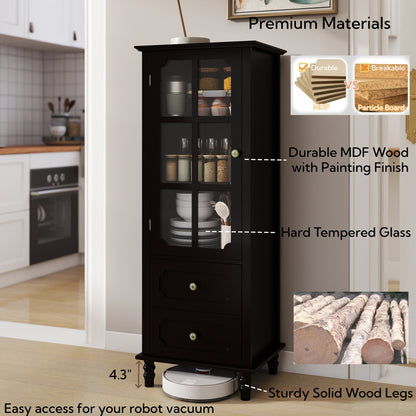 Black Tall Storage Cabinet with Glass Door & 2 Drawers, Narrow Freestanding Sideboard Buffet with Adjustable Shelves, Farmhouse Retro Pantry Cupboard for Dining Room, Living Room, Bathroom, Stud image 4