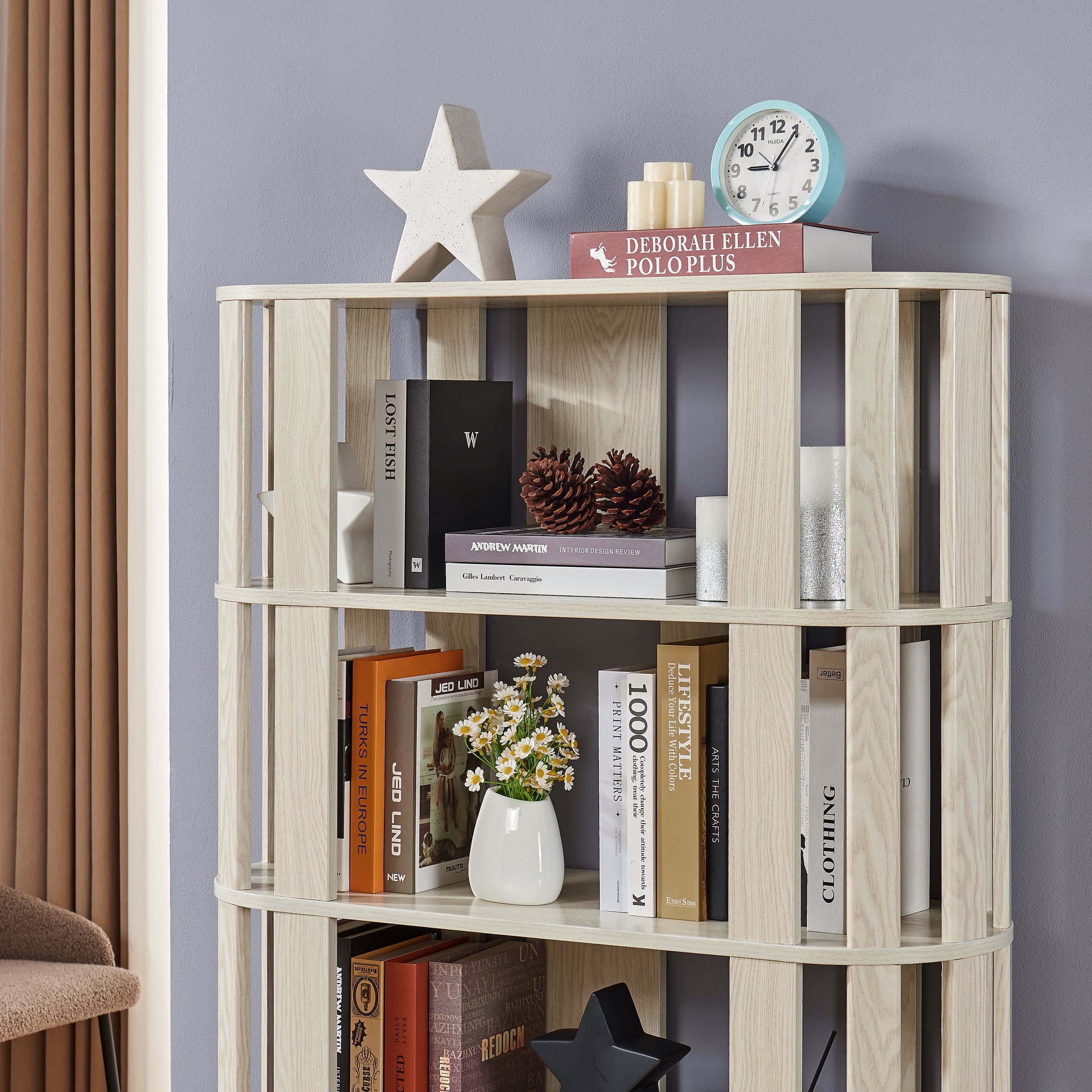 Wooden Oval Open Bookshelf, MDF Grid Frame Freestanding Bookcase, 5-Tier Easy Assembly Storage Display Rack for Living Room Home Office Decor, DIY Free Combination Storage Cabinet Study Room image 7