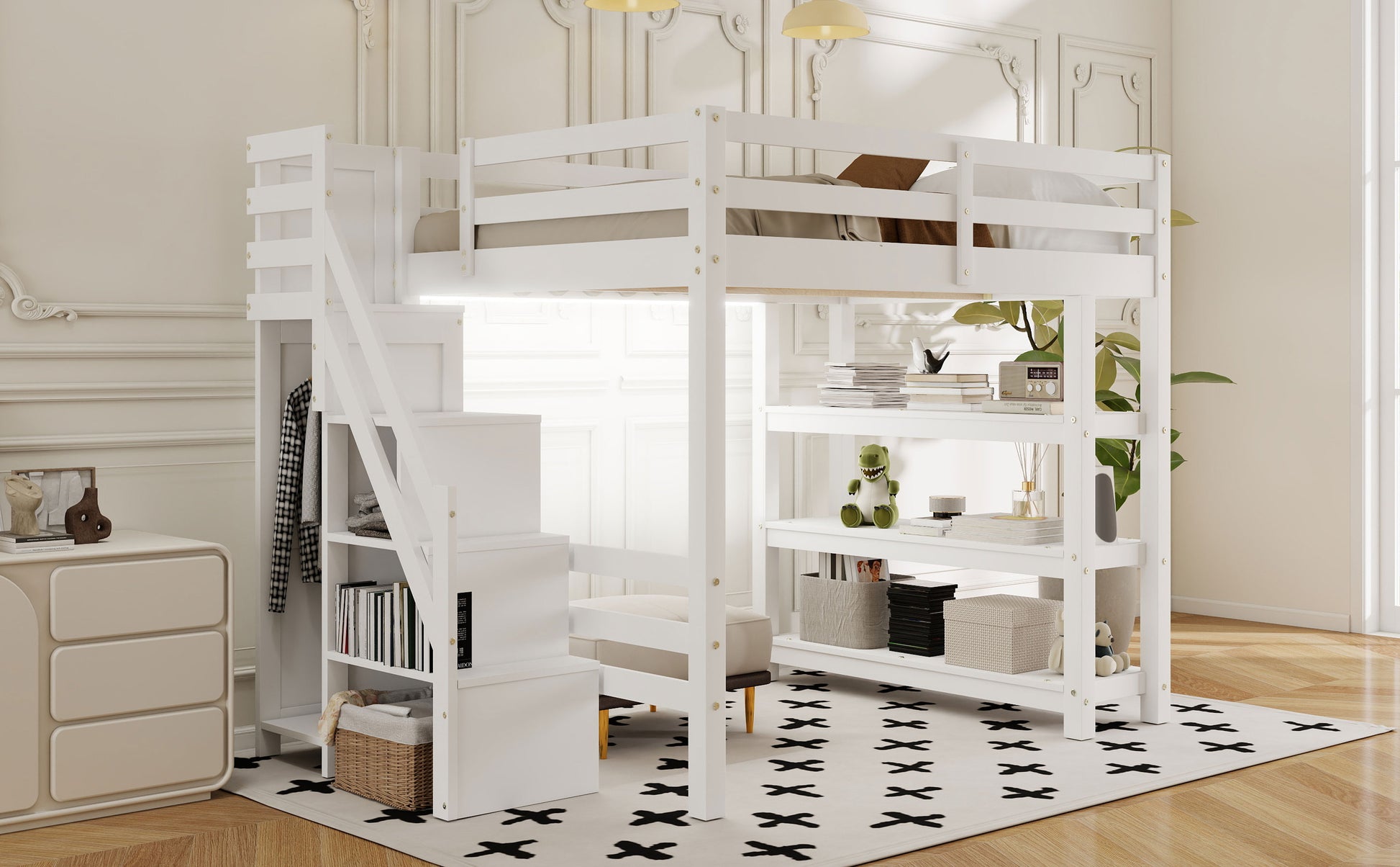 Full Size Loft Bed with Shelves, Storage Staircase, Small Wardrobe and White LED Light, White(Old SKU:N7090000472K) image 9