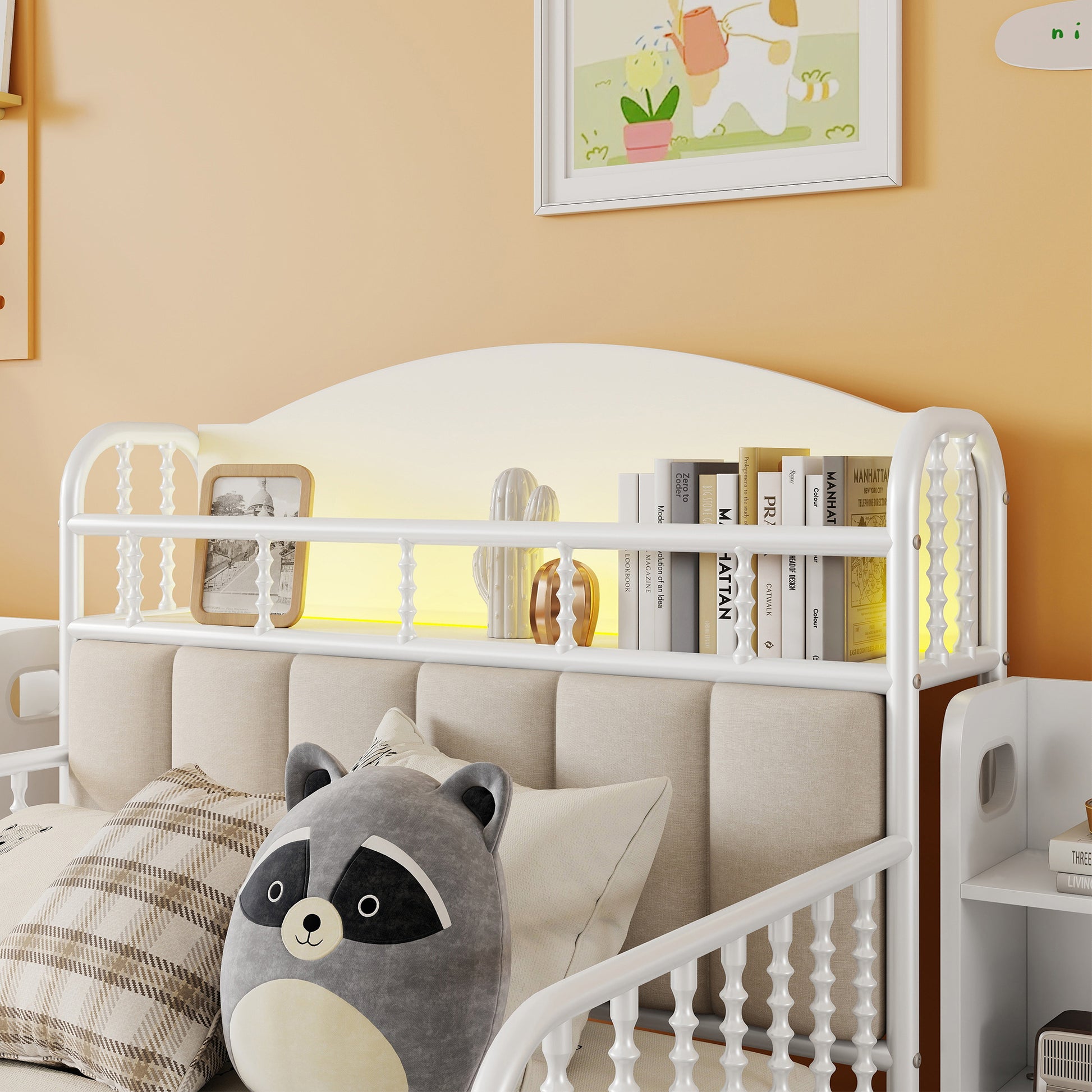 Twin Size Metal Platform Bed Frame with Light, Kids Twin Metal Bed with Upholstered and Pull Out Storage Shelves, White (Expect Arrival Date 2025/10/5) image 4