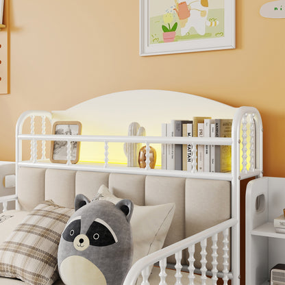 Twin Size Metal Platform Bed Frame with Light, Kids Twin Metal Bed with Upholstered and Pull Out Storage Shelves, White (Expect Arrival Date 2025/10/5) image 4