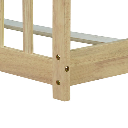 Full Size Floor Bed with Fence without Door,Rubber Wood Floor Bed with Safety Guardrails,Natural image 6