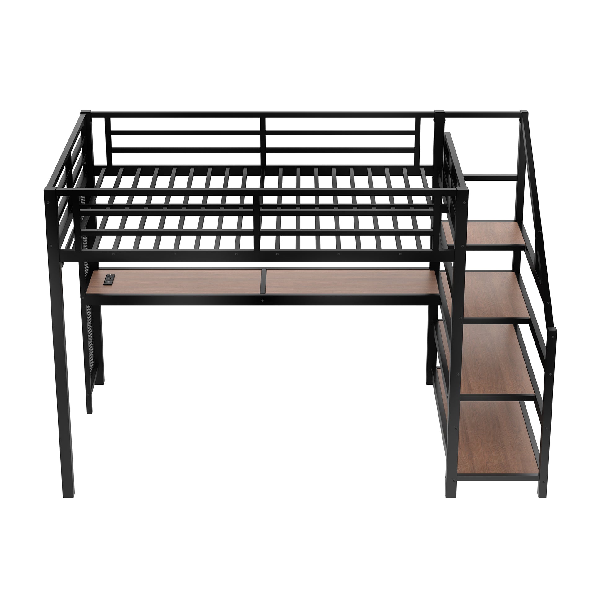 Full Loft Bed with Desk and Storage Stairs, Metal Loft Beds with LED Lights, USB Ports, Multifunctional Iron Nets, No Spring Box Needed and Noise-free, Black image 11
