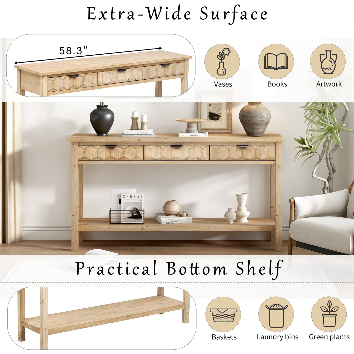 U_Style 58.3'' Fir Veneer Entryway Table with Honeycomb-patterned Fronts,Modern Stylish Console Table with 3 Drawers and Solid Fir legs,Suitable for Living Room,Entryway, Hallway, Study, Foyer image 5