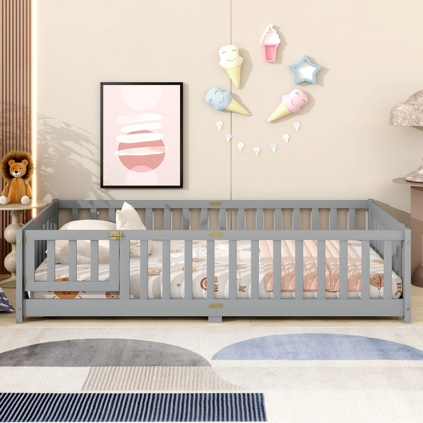 Twin Size Floor Bed with Fence and Door,Rubber Wood Floor Bed with Safety Guardrails,Grey (Old Sku W504P286372) image 10