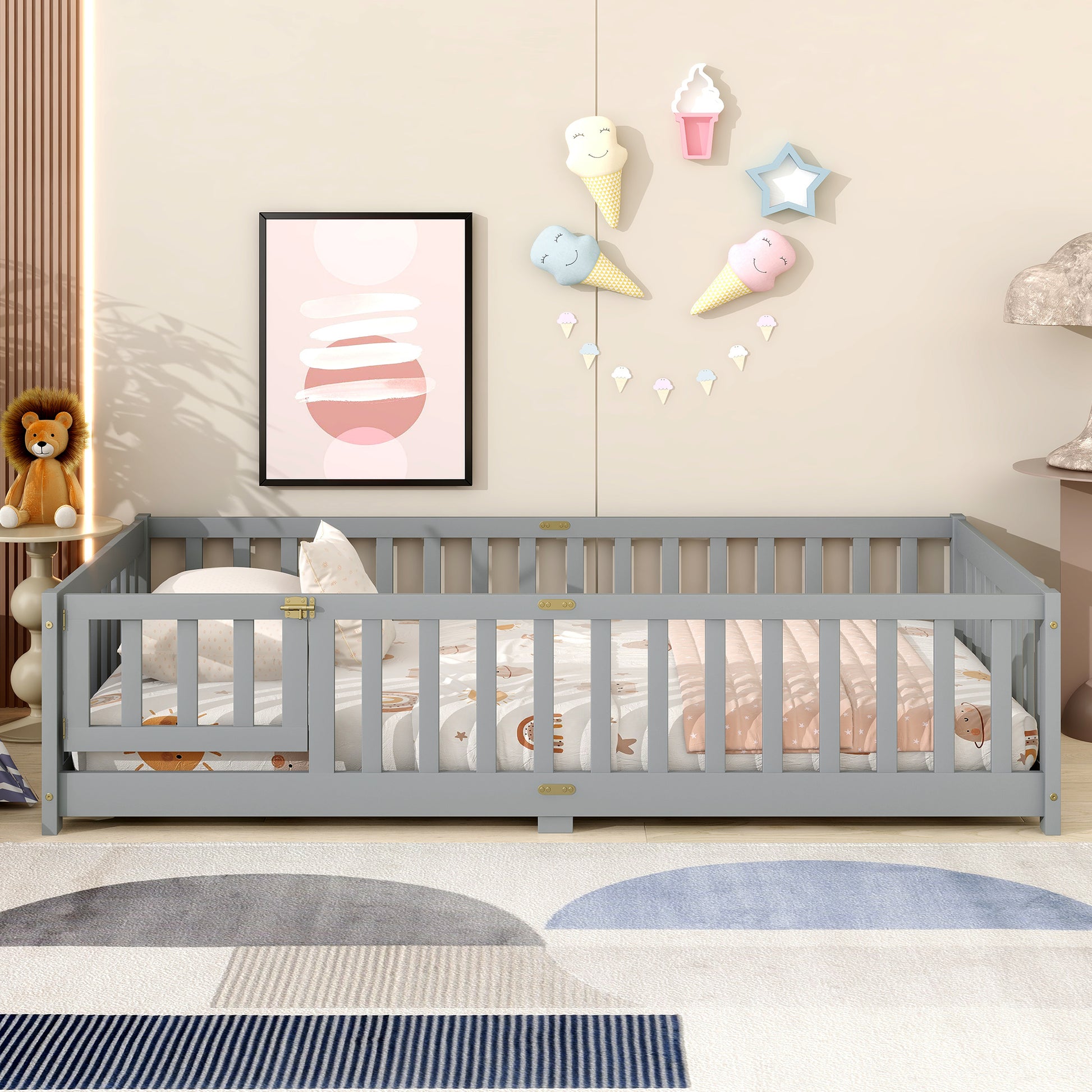 Twin Size Floor Bed with Fence and Door,Rubber Wood Floor Bed with Safety Guardrails,Grey (Old Sku W504P286372) image 10