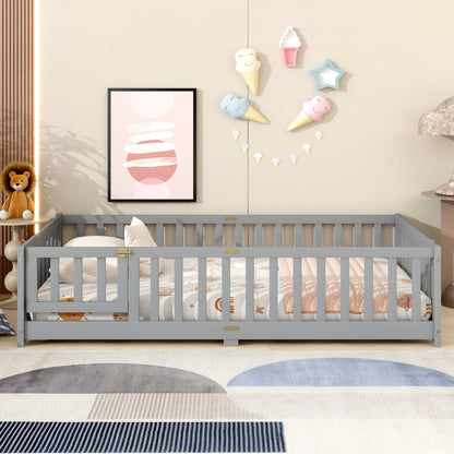 Twin Size Floor Bed with Fence and Door,Rubber Wood Floor Bed with Safety Guardrails,Grey (Old Sku W504P286372) image 10