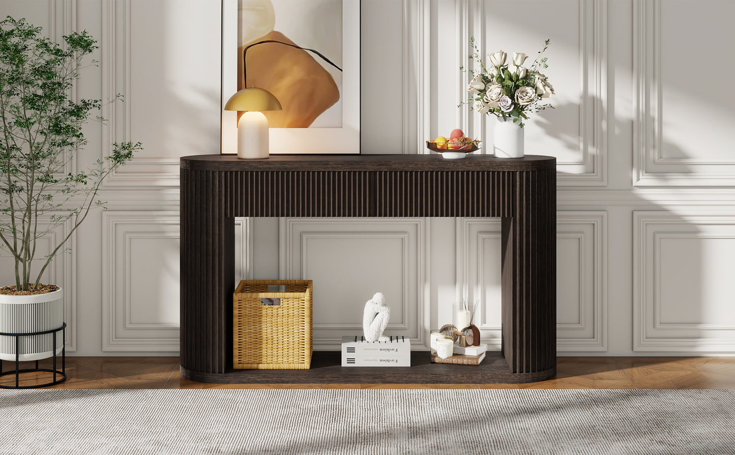 TREXM Oval Fluted Console Table with 2 Drawers and Bottom Shelf, Wood Entryway Table with Smooth Metal Slides for Living Room, Entryway (Espresso) image 5