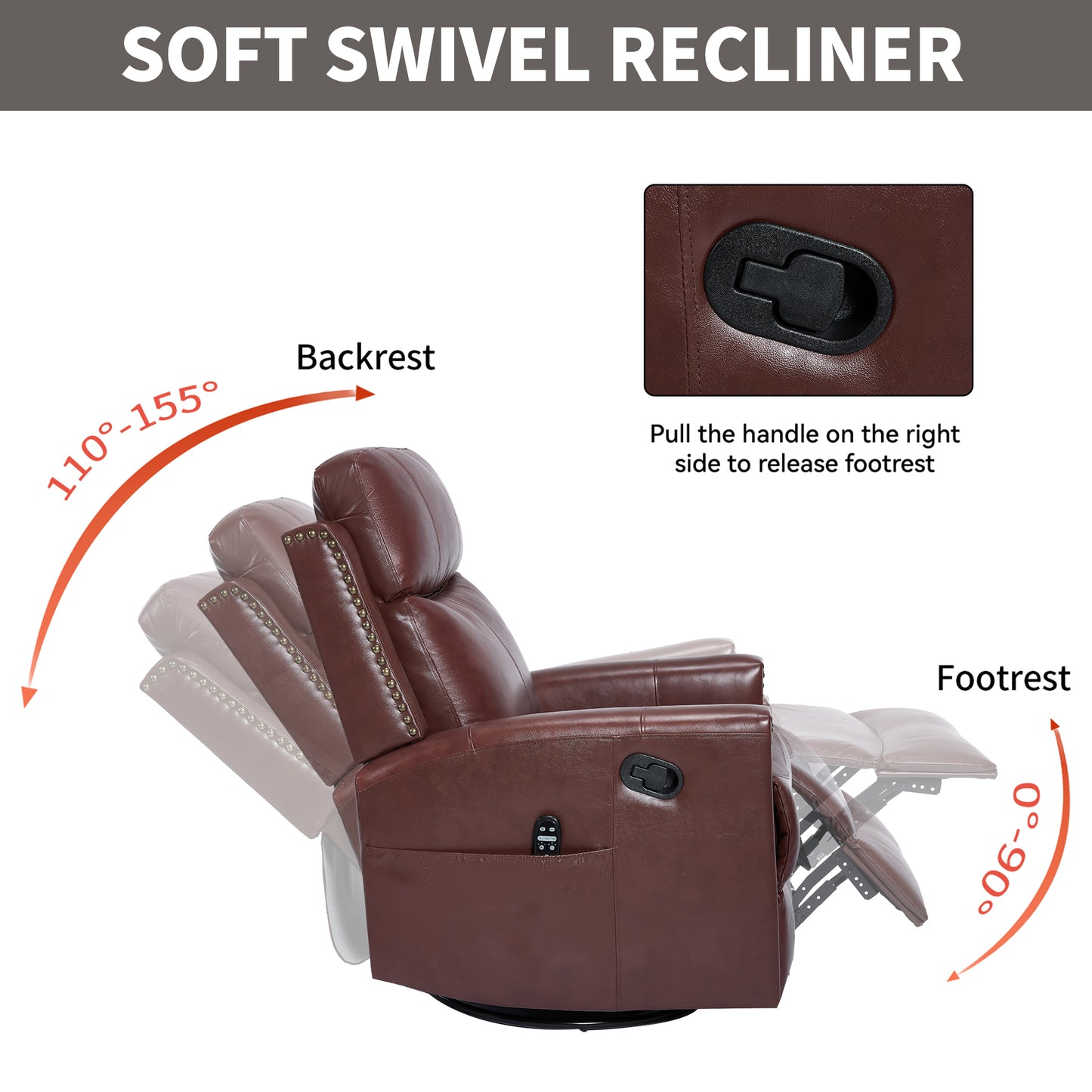 Wine Red Genuine Leather Heat Massage Manual Recliner Chair with Rocker and Swivel for Living Room image 7