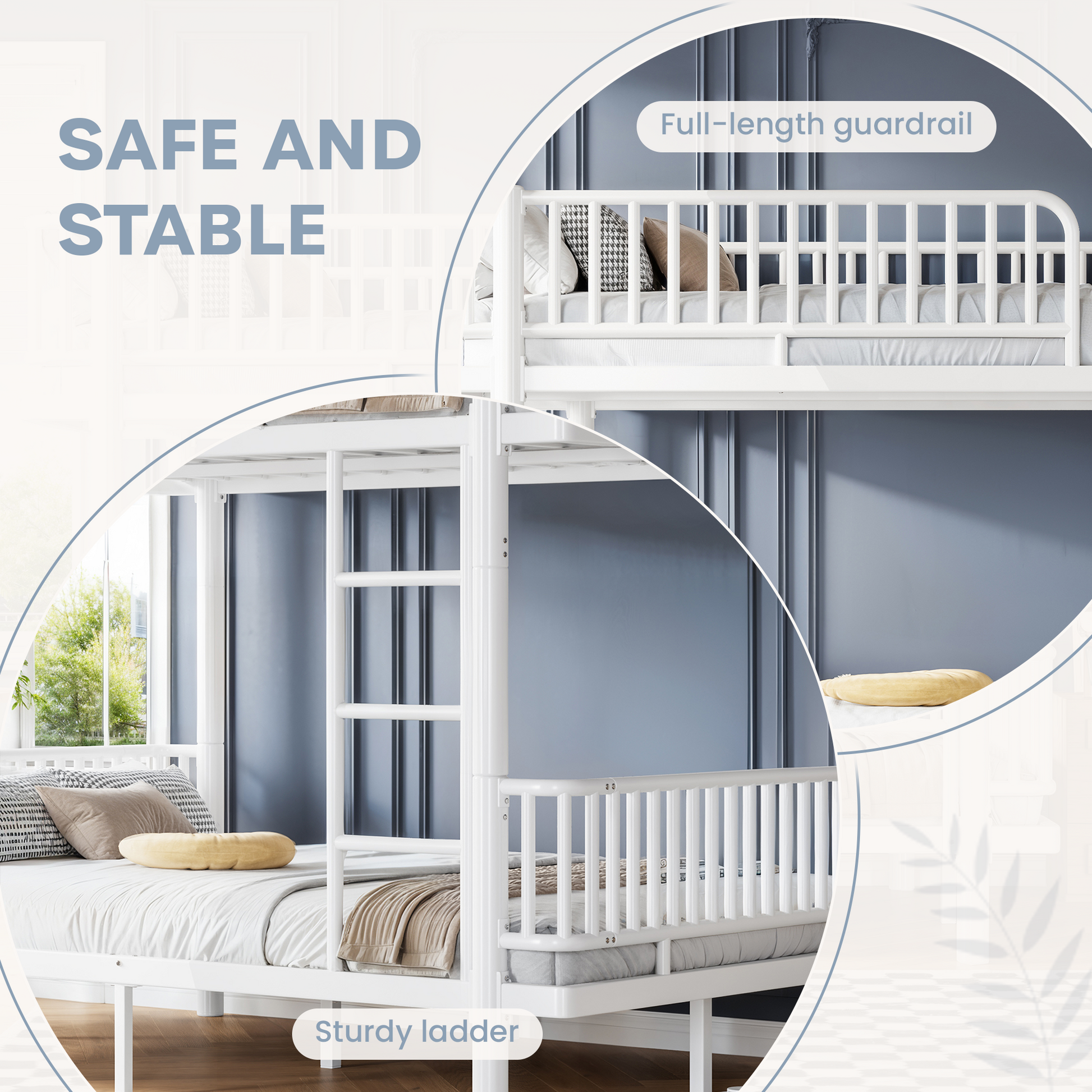 Queen over Queen Bunk Bed with Ladders & Guardrails, Metal Bunk Bed Frame with Upgraded Safety Round-Pipe Design, Can Transformed into 2 Platform Bed, White image 7