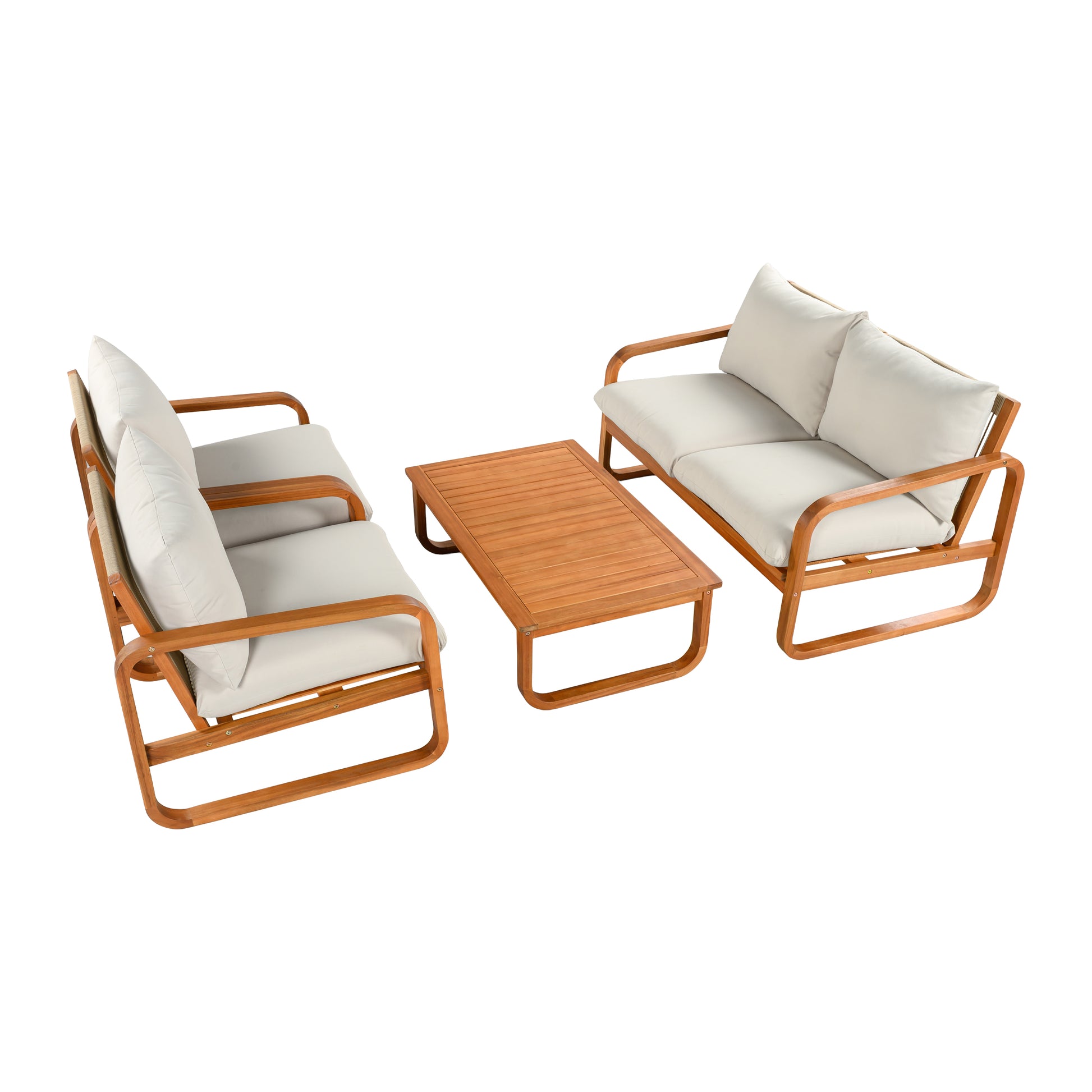 4-Piece Acacia Wood Outdoor Patio Furniture Set with Thick Cushions, Modern Outdoor Seating Set with Loveseat, 2 Single Chairs and Coffee Table, Weather-Resistant Conversation Set for Backyard, Pool image 4