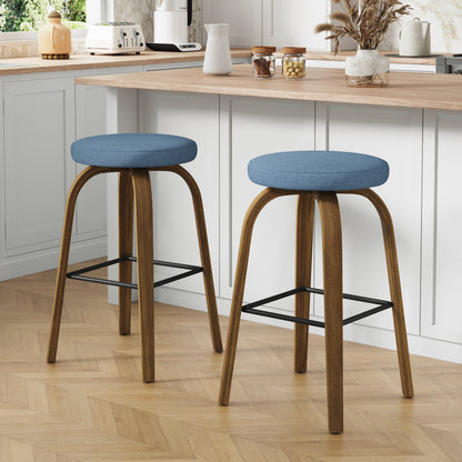 AILUNWALL Swivel Bar Stools Set of 2, Bar Height Backless 30″ Bar Stool, Fabric Upholstered Seat, Sturdy Wood Legs and Metal Footrest, Mid-Century Modern Island Stools for Home Bars, Restaurants, Blue image 1