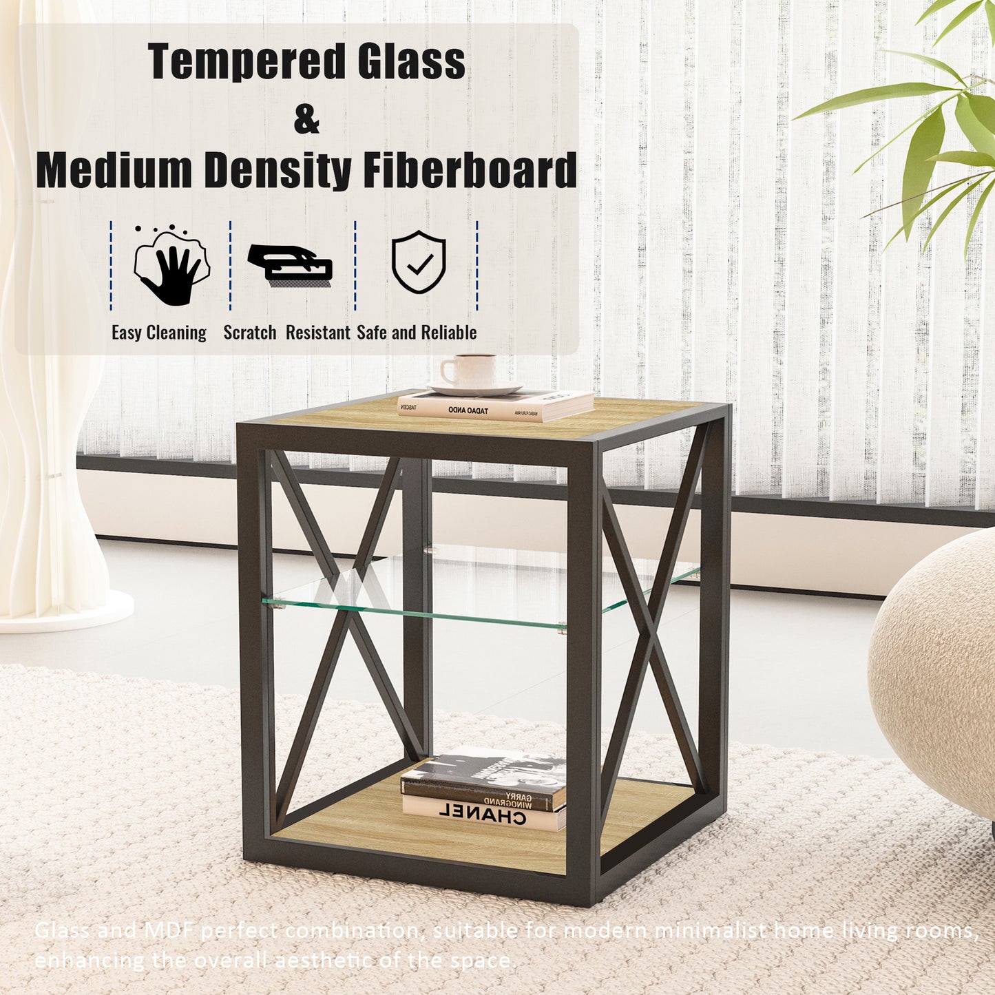 Set of 2 Modern End Table Nightstand for Bedroom & Living Room, Tempered Glass & Natural Wood MDF Top, Industrial Style Side Table image 12