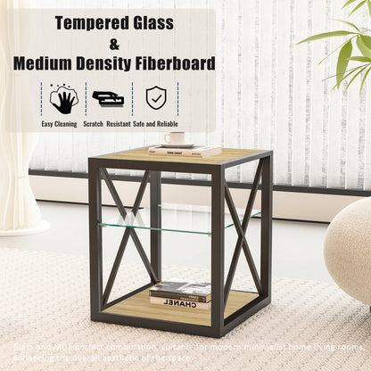 Set of 2 Modern End Table Nightstand for Bedroom & Living Room, Tempered Glass & Natural Wood MDF Top, Industrial Style Side Table image 12