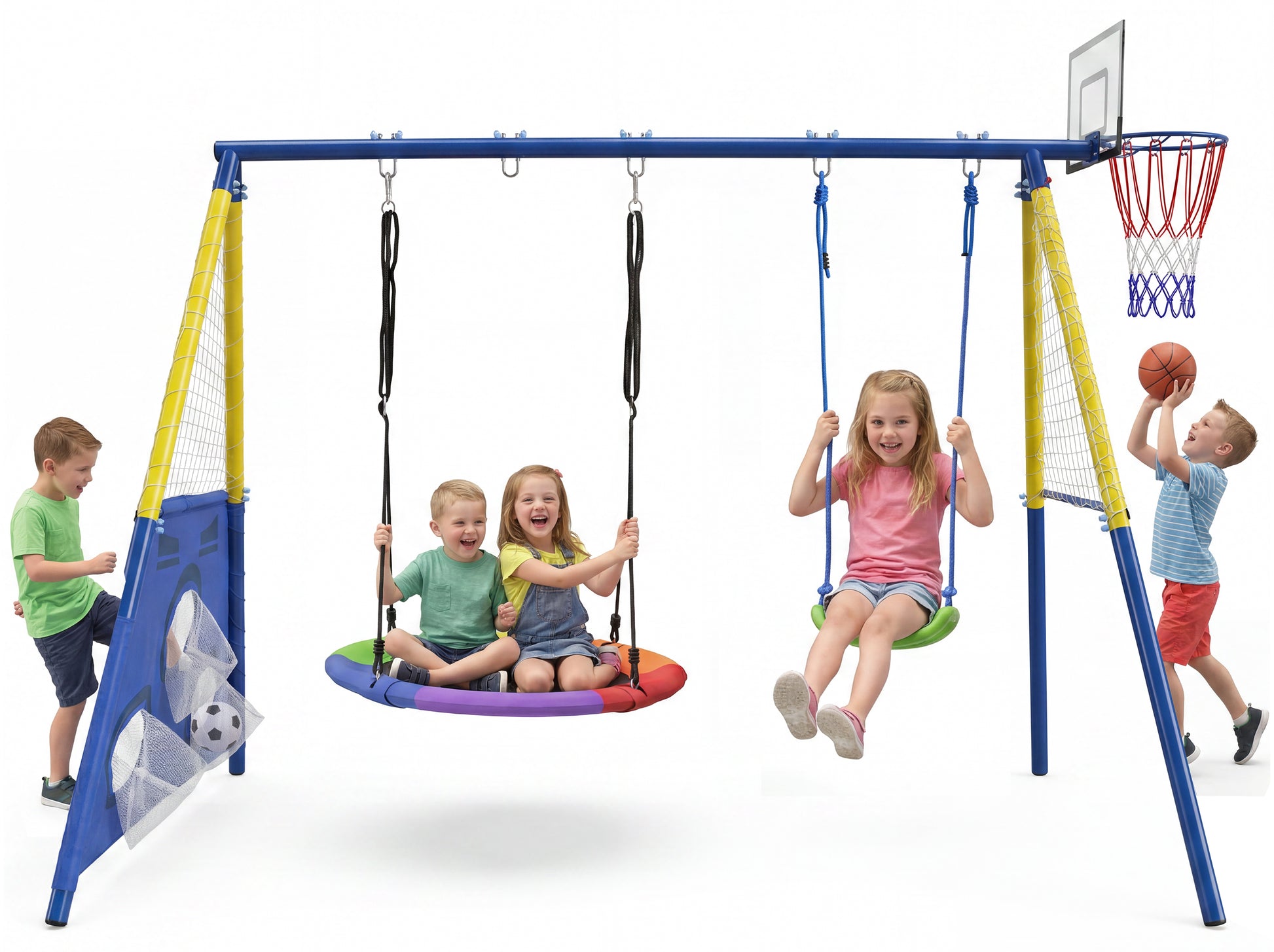 5-in-1 Kids Swing Set with Saucer Swing, Belt Swing, Basketball Hoop & Soccer Goal, Heavy Duty Metal Frame Backyard Playground for Toddlers & Kids Ages 3-10 image 1