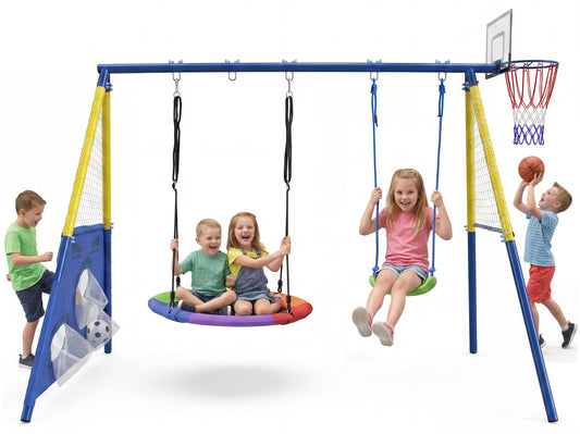 5-in-1 Kids Swing Set with Saucer Swing and Basketball Hoop in Backyard