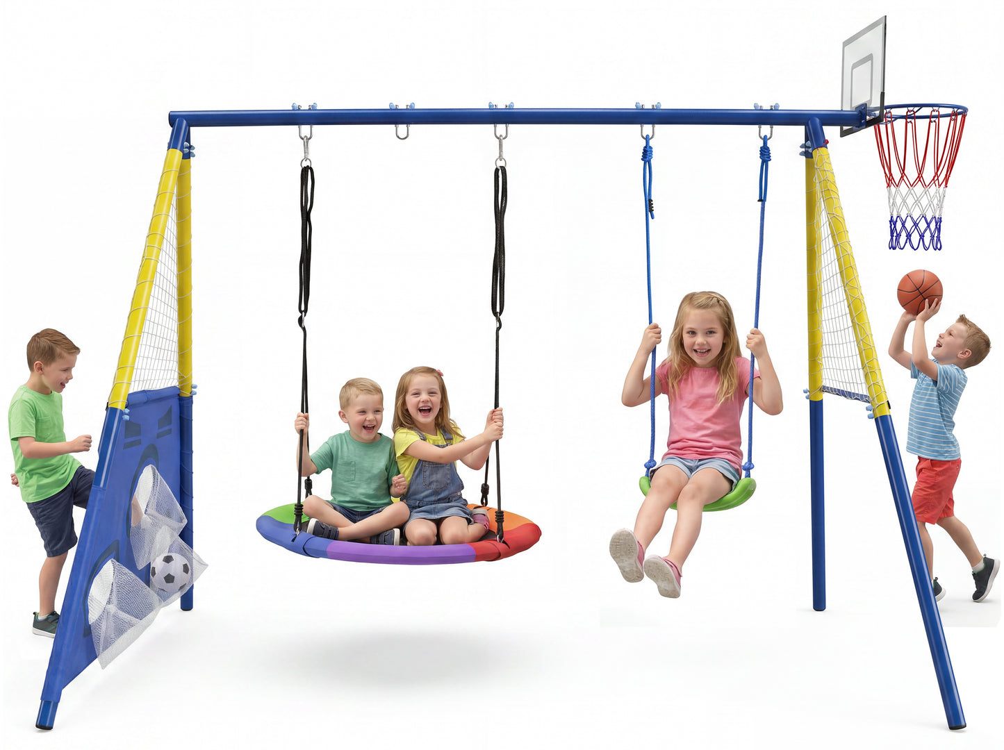 5-in-1 Kids Swing Set with Saucer Swing, Belt Swing, Basketball Hoop & Soccer Goal, Heavy Duty Metal Frame Backyard Playground for Toddlers & Kids Ages 3-10 image 1