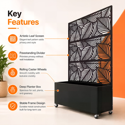 70.87" H × 46.06" W Leaf Pattern Privacy Screen with Planter Box, Black Metal Freestanding Decorative Fence Planter for Patio Balcony Backyard image 6