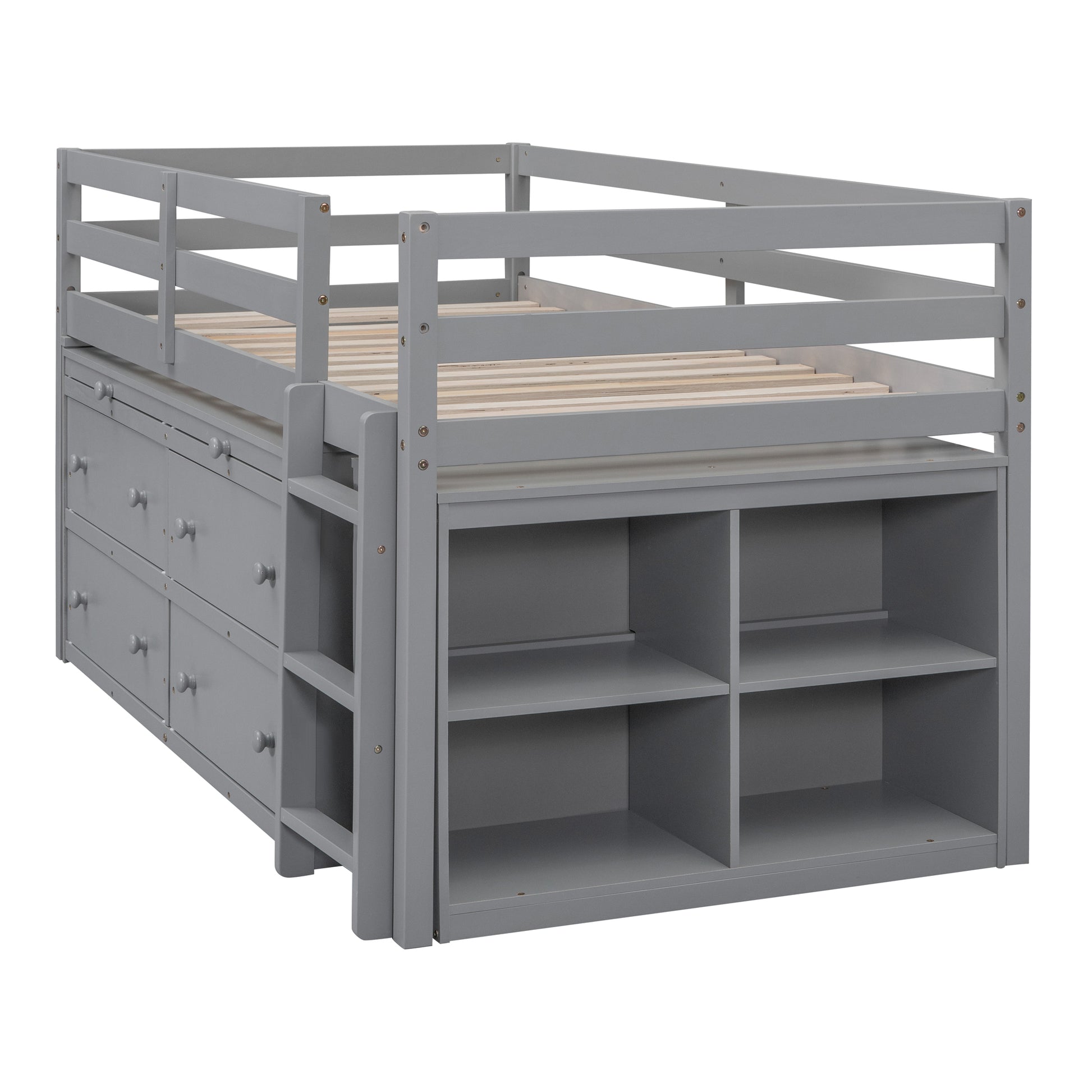 Twin Size Loft Bed with Retractable Writing Desk and 4 Drawers, Wooden Loft Bed with Lateral Portable Desk and Shelves, Gray image 8