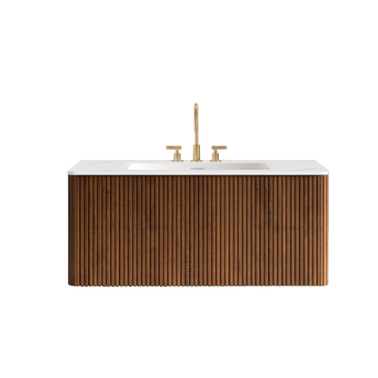 Etna 36" Striped Walnut Bathroom Vanity with Carrara White Ceramic Sink, Wall Mounted Floating Bathroom Vanity for Modern Bathroom, KD image 3