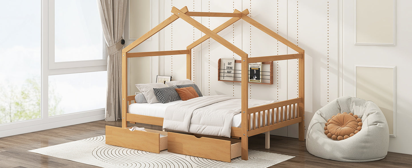 Full Size House Platform Bed with Two Drawers,Headboard and Footboard,Roof Design,Natural image 6