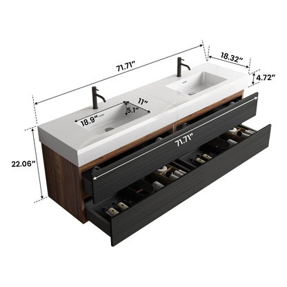Grace 72''(36Inch*2) Bathroom Vanity with Matt Black Engineered Quartz Sink and Soft Black Drawers, Wall Mounted Floating Bathroom Vanity, One-Piece Glossy White Basin, KD image 12
