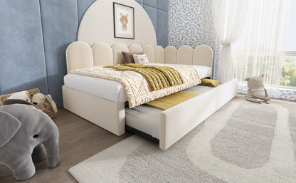 Upholstered Bed Daybed With Pull-Out Bed, Twin Size Single Sofa Bed,Guest Beds For Adults and Children, Bed With Metal Slatted Frame, Velvet, Beige (Without Mattress) image 11