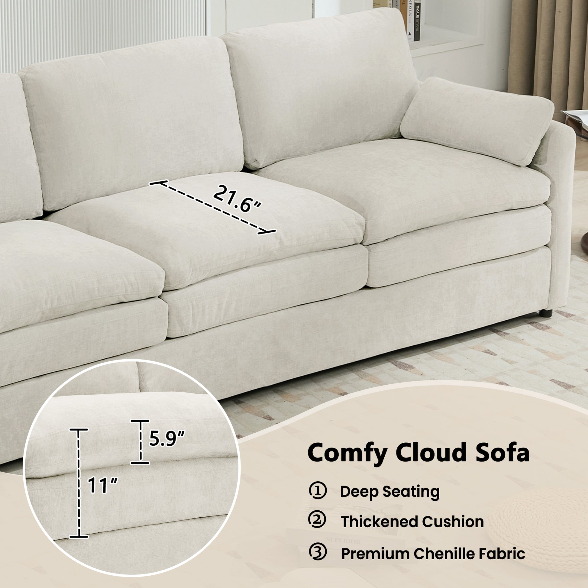 89" Cozy Upholstered 3-seater Sofa Oversized Comfy Cloud Sofa Double Cushion 3-seater Sofa Plush Cushion Sofa Couch for Living Room, Beige image 12